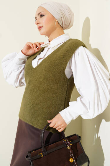 V Yaka Yumoş Triko Süveter Yeşil - Yılın Fırsatı