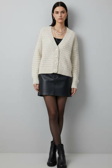 Örgü Detaylı Düğmeli Triko Hırka Bej - Kadın Giyim Modelleri