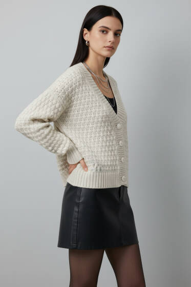 Örgü Detaylı Düğmeli Triko Hırka Bej - Kadın Giyim Modelleri