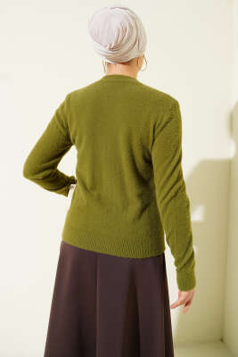 Yakası Taşlı Sakallı Kazak Yeşil - Triko Kazak