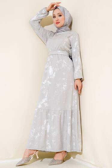 Varak Baskılı Parlak Elbise Gri - Elbise