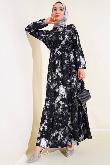 Varak Baskılı Parlak Elbise Siyah - Elbise