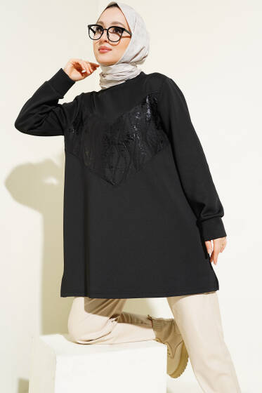 Varak Detaylı Desenli Tunik Siyah - Tunik