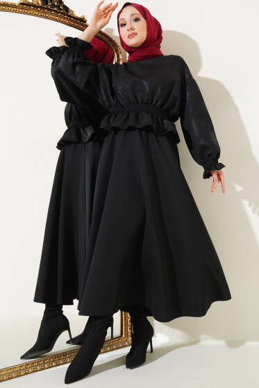 Varaklı Detaylı Etekli İkili Takım Siyah - İkili Takım