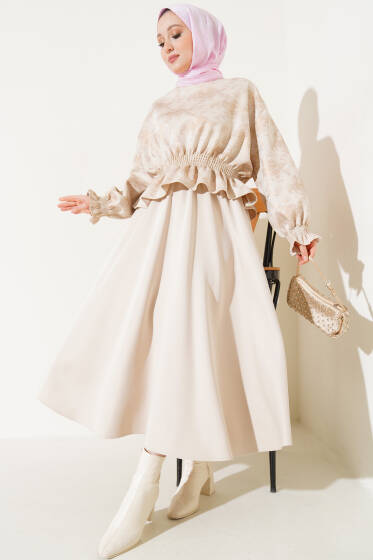 Varaklı Detaylı Etekli İkili Takım Bej - İkili Takım