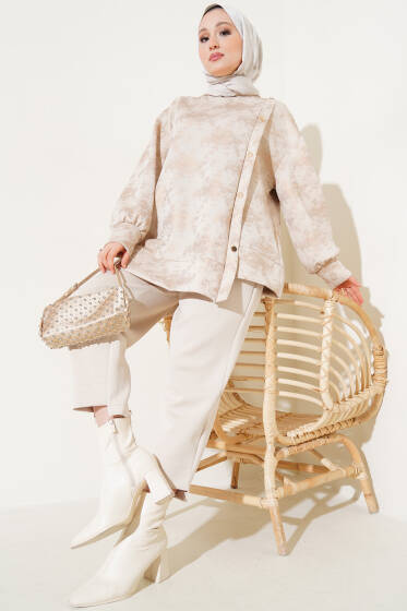 Varaklı Düğme Detaylı İkili Takım Bej - İkili Takım