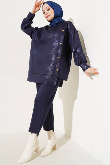 Varaklı Düğme Detaylı İkili Takım Lacivert - İkili Takım