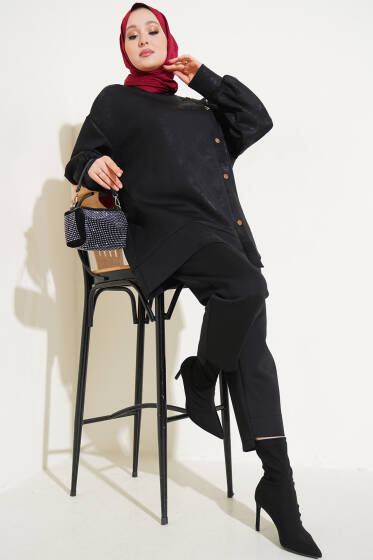 Varaklı Düğme Detaylı İkili Takım Siyah - İkili Takım