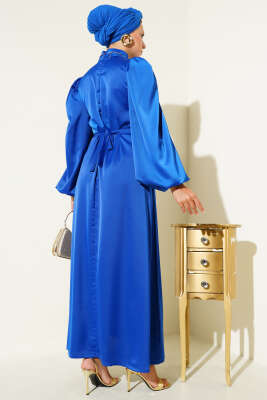 Balon Kol Saten Abiye Saks - Tesettür Elbise