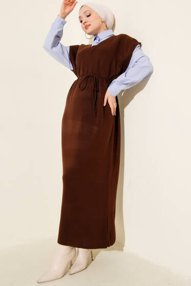 Çizgi Gömlek Garnili Triko Elbise Kahve - Elbise