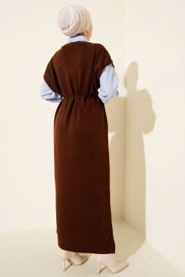 Çizgi Gömlek Garnili Triko Elbise Kahve - Elbise