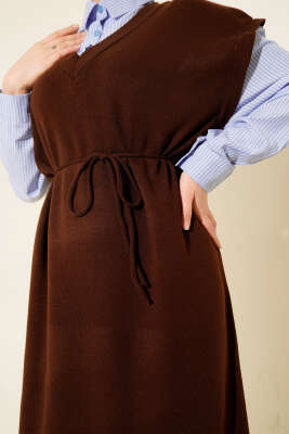 Çizgi Gömlek Garnili Triko Elbise Kahve - Elbise