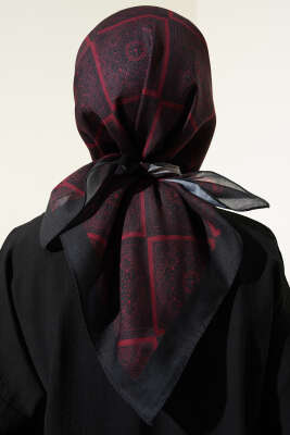 Batik Çini Desen Soft Eşarp Siyah Bordo - Başörtüsü