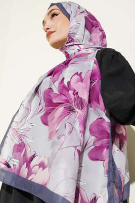 Menekşe Desen Şerit Geçişli Şal Füme - Başörtüsü