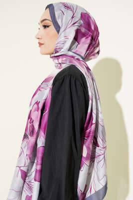 Menekşe Desen Şerit Geçişli Şal Füme - Başörtüsü