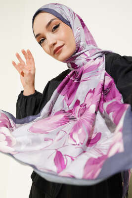 Menekşe Desen Şerit Geçişli Şal Füme 