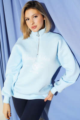 Vintage Baskılı Fermuarlı Üç İplik Sweatshirt Buz Mavisi - Kadın Giyim Modelleri