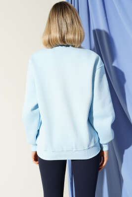 Vintage Baskılı Fermuarlı Üç İplik Sweatshirt Buz Mavisi - Kadın Giyim Modelleri