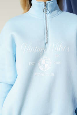 Vintage Baskılı Fermuarlı Üç İplik Sweatshirt Buz Mavisi - Kadın Giyim Modelleri
