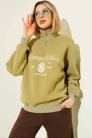 Vintage Baskılı Fermuarlı Üç İplik Sweatshirt Çağla Yeşili - Kadın Giyim Modelleri