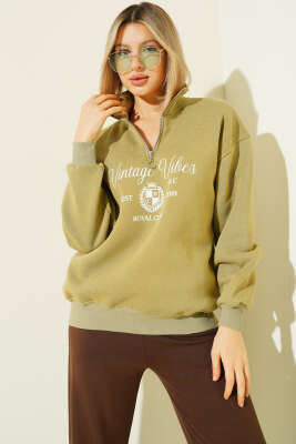 Vintage Baskılı Fermuarlı Üç İplik Sweatshirt Çağla Yeşili - Kadın Giyim Modelleri