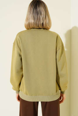 Vintage Baskılı Fermuarlı Üç İplik Sweatshirt Çağla Yeşili - Kadın Giyim Modelleri
