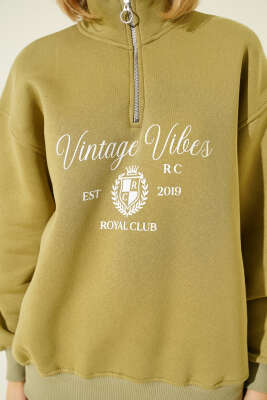 Vintage Baskılı Fermuarlı Üç İplik Sweatshirt Çağla Yeşili - Kadın Giyim Modelleri