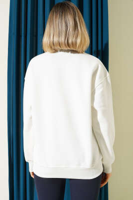 Vintage Baskılı Fermuarlı Üç İplik Sweatshirt Ekru - Kadın Giyim Modelleri