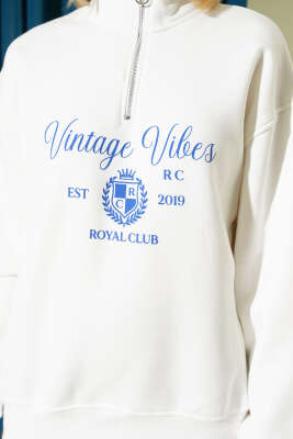 Vintage Baskılı Fermuarlı Üç İplik Sweatshirt Ekru - Kadın Giyim Modelleri