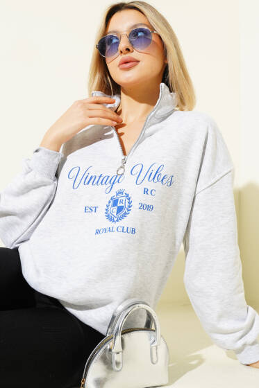 Vintage Baskılı Fermuarlı Üç İplik Sweatshirt Gri - Kadın Giyim Modelleri