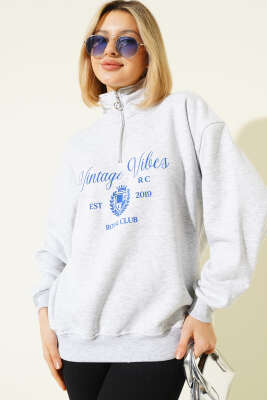 Vintage Baskılı Fermuarlı Üç İplik Sweatshirt Gri - Kadın Giyim Modelleri