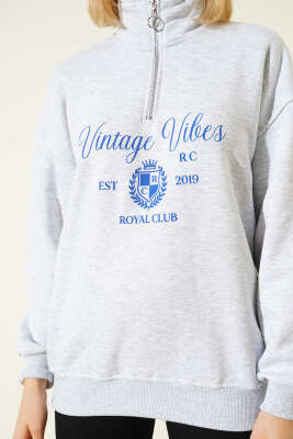Vintage Baskılı Fermuarlı Üç İplik Sweatshirt Gri - Kadın Giyim Modelleri