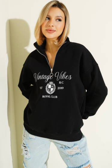 Vintage Baskılı Fermuarlı Üç İplik Sweatshirt Siyah - Kadın Giyim Modelleri
