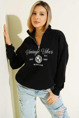 Vintage Baskılı Fermuarlı Üç İplik Sweatshirt Siyah - Kadın Giyim Modelleri