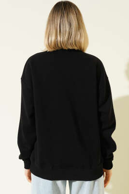 Vintage Baskılı Fermuarlı Üç İplik Sweatshirt Siyah - Kadın Giyim Modelleri