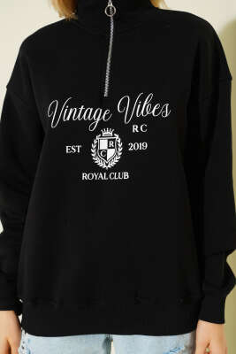 Vintage Baskılı Fermuarlı Üç İplik Sweatshirt Siyah - Kadın Giyim Modelleri