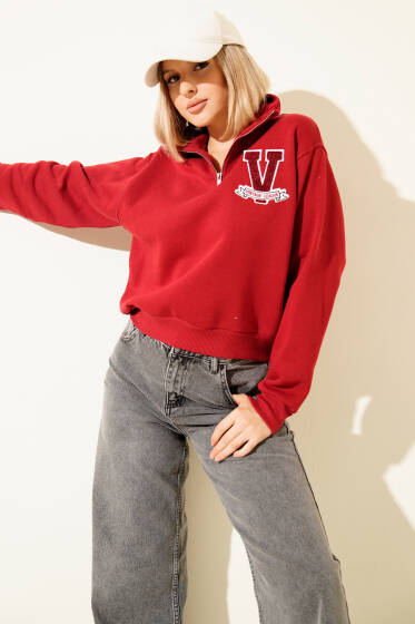 Vintage Baskılı Üç İpli Sweatshirt Kırmızı - Kadın Giyim Modelleri