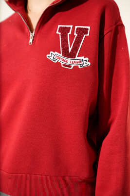 Vintage Baskılı Üç İpli Sweatshirt Kırmızı - Kadın Giyim Modelleri