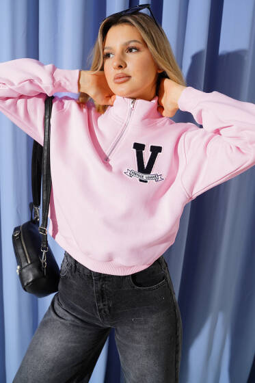 Vintage Baskılı Üç İpli Sweatshirt Pembe - Kadın Giyim Modelleri