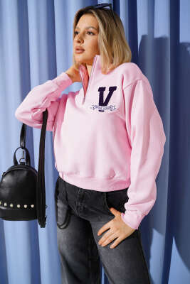 Vintage Baskılı Üç İpli Sweatshirt Pembe - Kadın Giyim Modelleri