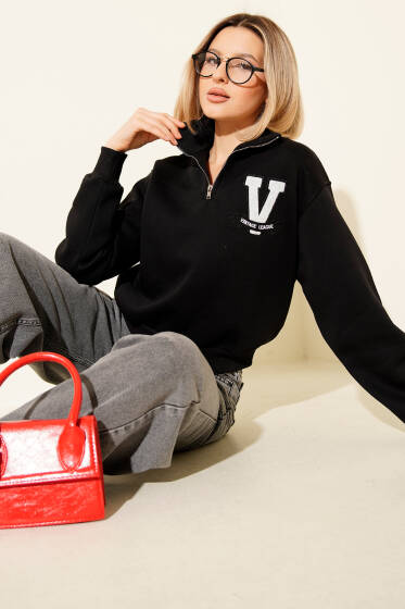 Vintage Baskılı Üç İpli Sweatshirt Siyah - Kadın Giyim Modelleri