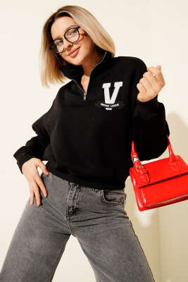 Vintage Baskılı Üç İpli Sweatshirt Siyah - Kadın Giyim Modelleri