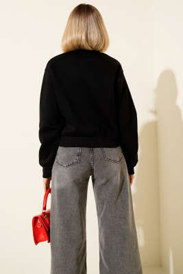 Vintage Baskılı Üç İpli Sweatshirt Siyah - Kadın Giyim Modelleri