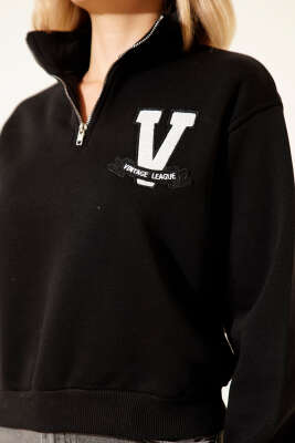 Vintage Baskılı Üç İpli Sweatshirt Siyah - Kadın Giyim Modelleri