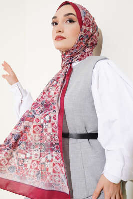 Vintage Çini Desen Şal Bordo - Başörtüsü