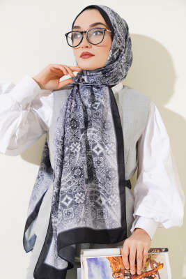 Vintage Çini Desen Şal Siyah - Başörtüsü