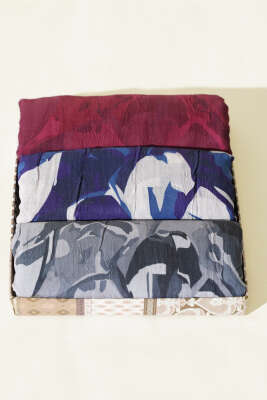 Vintage Ebruli Bambu Kraş 3'lü Şal Seti Asorti 1 - Desenli Şal Seti