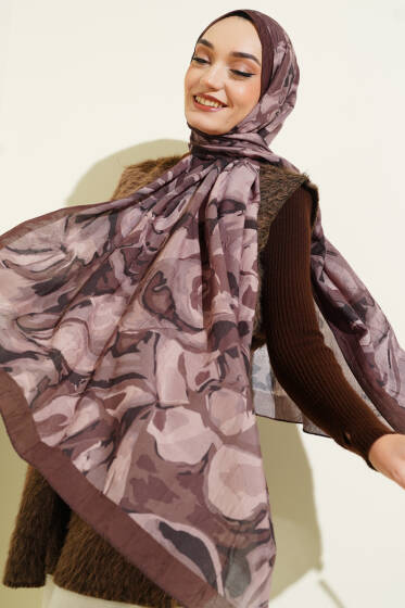 Vintage Ebruli Bambu Kraş Şal Acı Kahve - Başörtüsü