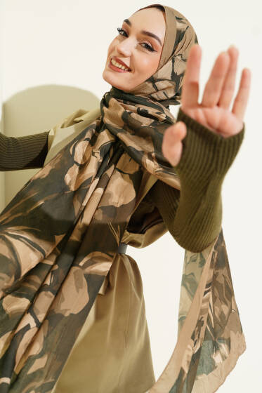 Vintage Ebruli Bambu Kraş Şal Camel - Başörtüsü