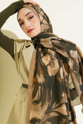 Vintage Ebruli Bambu Kraş Şal Camel - Başörtüsü